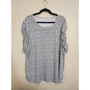 Max Studio Womens Black White Floral Round Neck Short Ruched Sleeve Blouse Sz 2X